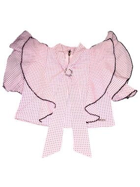 Pink Polka Dot Ruffled Bow Collar Crop Top Blouse Diamanté ring coquette